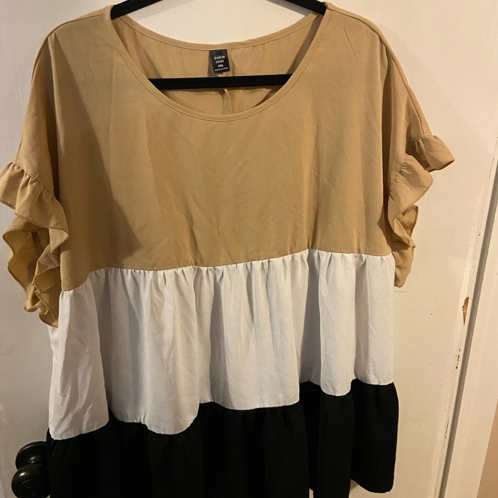 SHEIN Tan, White, and Black Ruffle Blouse